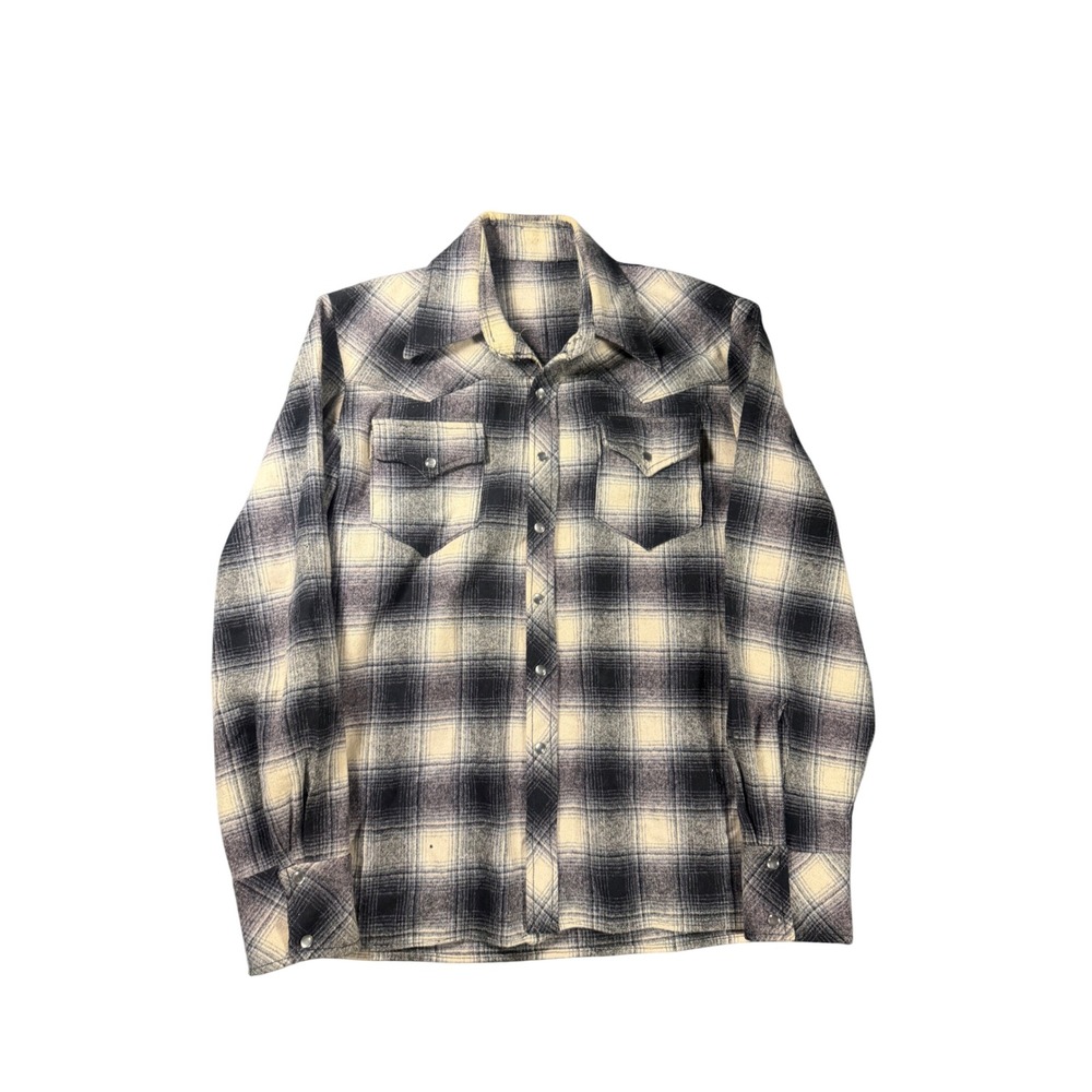 Vintage 70s Shadow Plaid Pearl Snap Western Shirt Grey Salt Pepper Flannel L